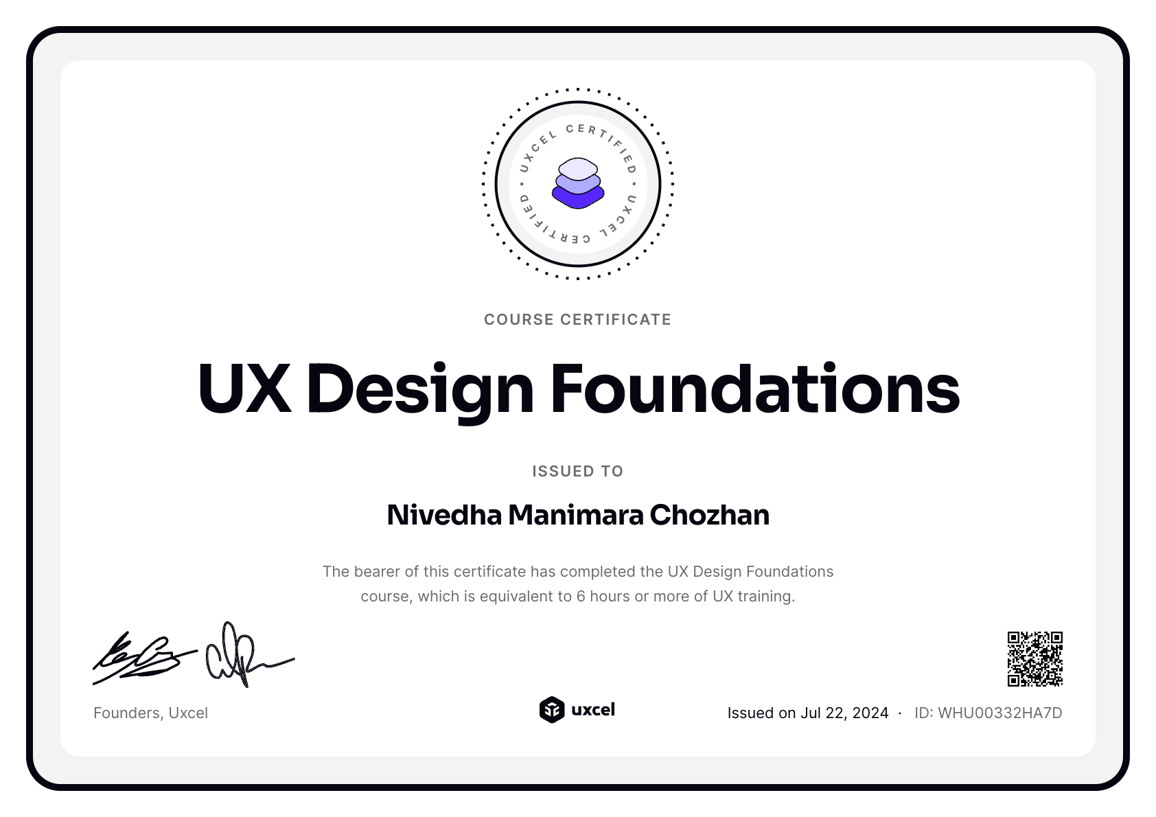 Nivedha Manimara Chozhan's certificate